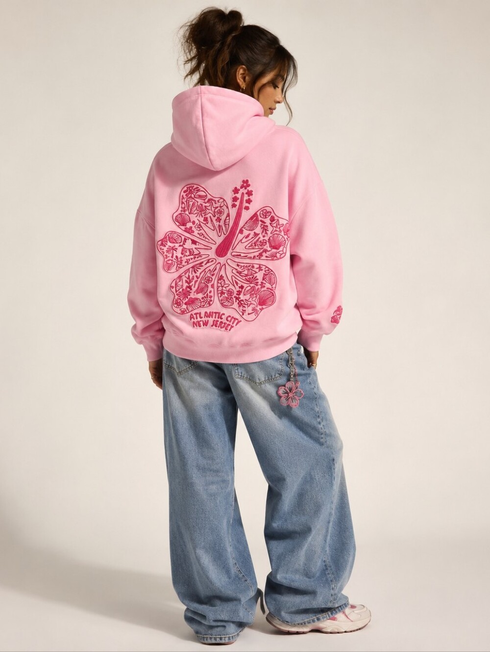 Pink Floral Embroidered Crewneck Hoodie - Atlantic City